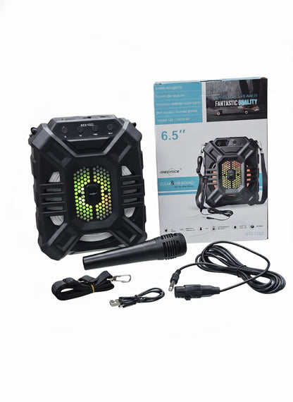 Portable Wireless Speaker & Karaoke System (GTS-1222) – Big Bass, LED Lights, USB/TF/FM Radio, Mic Input