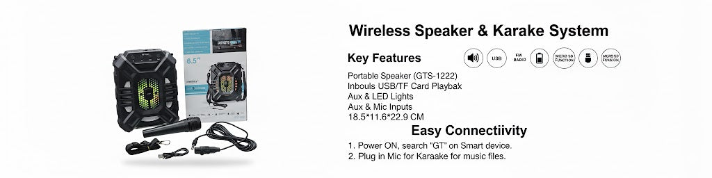 Portable Wireless Speaker & Karaoke System (GTS-1222) – Big Bass, LED Lights, USB/TF/FM Radio, Mic Input