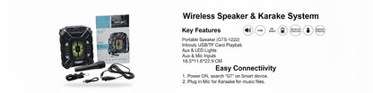 Portable Wireless Speaker & Karaoke System (GTS-1222) – Big Bass, LED Lights, USB/TF/FM Radio, Mic Input